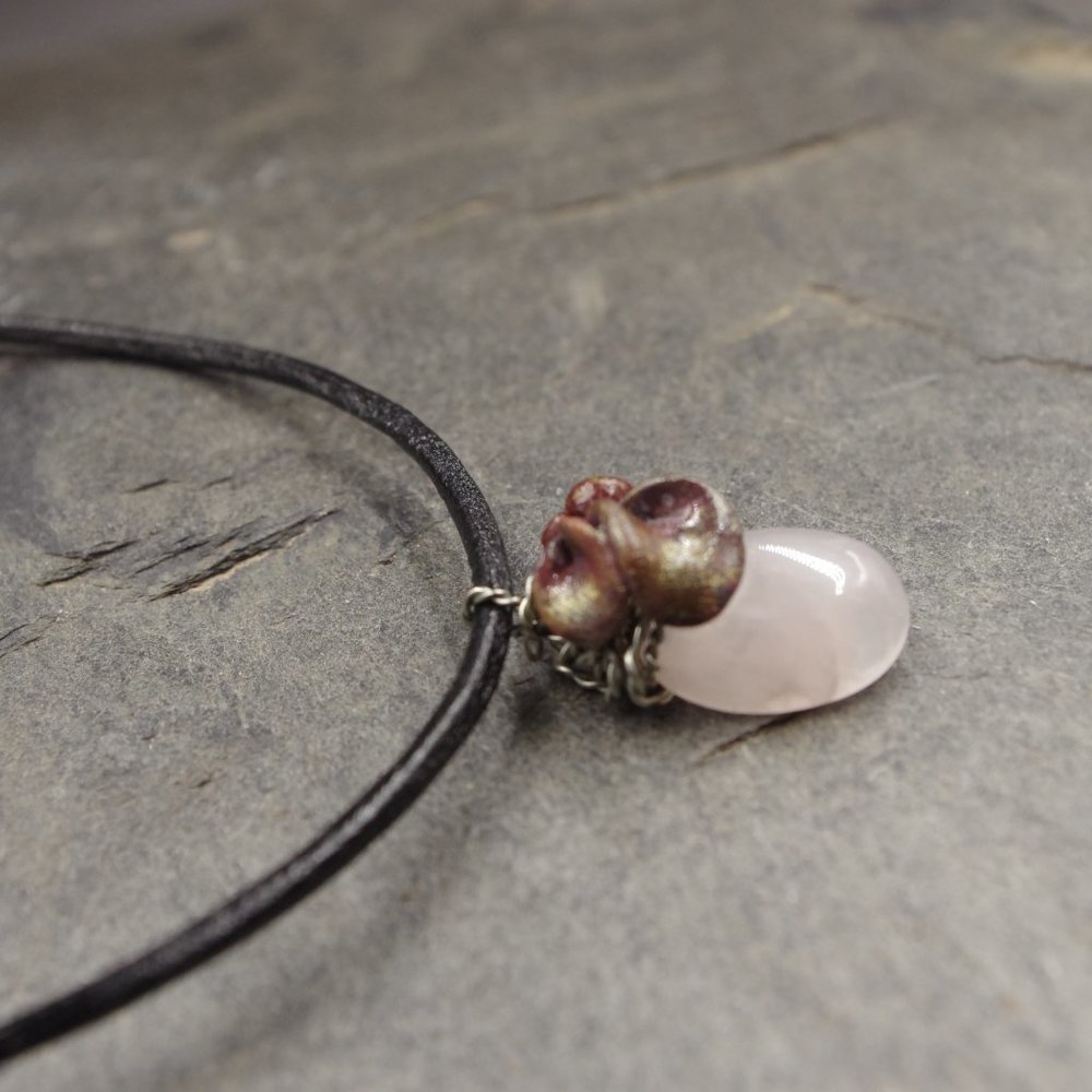 Light Pink Rose Quartz Stone Pendant with Sculpted Clay Detail on a Faux Leather